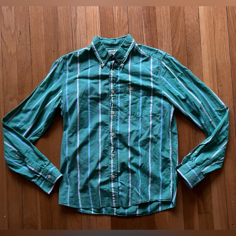 Men's Vintage Hollister Green Striped Shirt - Size Medium